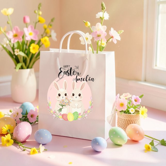 Sacola Para Presentes Média Two Easter Bunnies Personalized Gift Bag (Criador carregado)