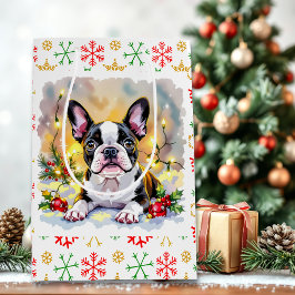 Sacola Para Presentes Média Um Natal Doce de Boston Terrier