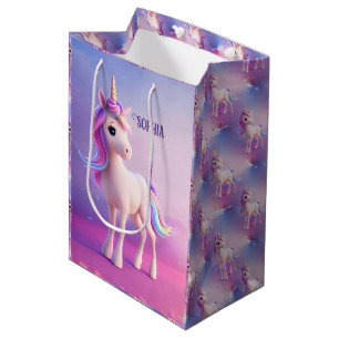 Sacola Para Presentes Média Unicórnio Branco Bonito Com Mano Rosa E Azul
