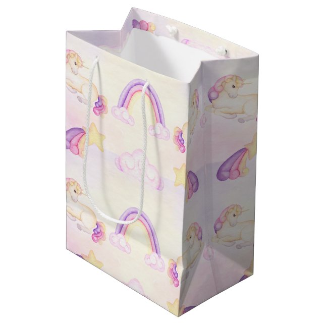 Sacola Para Presentes Média Unicórnio Pastel e Arco-íris (Frente inclinada)