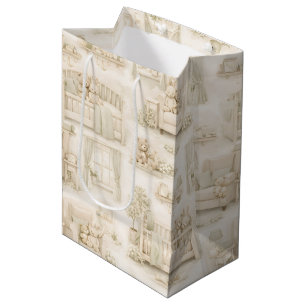 Sacola Para Presentes Média Ursa de berçário neutro Quarto Bege Padrão