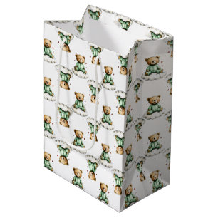 Sacola Para Presentes Média Ursa Teddy Fofa em um Nuvem Fofa com PJs Verdes