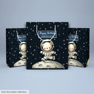 Sacola Para Presentes Média Ursinho Astronauta Gift Bag para Festa de Menino