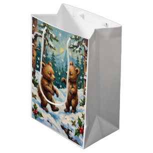 Sacola Para Presentes Média Ursinhos Antigos Brincando no Natal Nevado