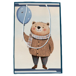 Sacola Para Presentes Média Urso Balão Azul na Xadrez do Sweater Castanho