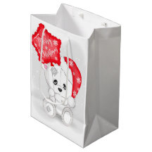 Urso Branco Fofo com Balão Vermelho de Natal