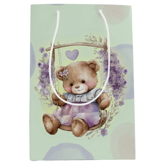 Sacola Para Presentes Média Urso Castanho Nadando Vestido De Lavanda E Polka (Frente)