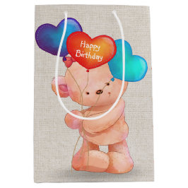 Sacola Para Presentes Média Urso com Balões de Coração de Aniversário