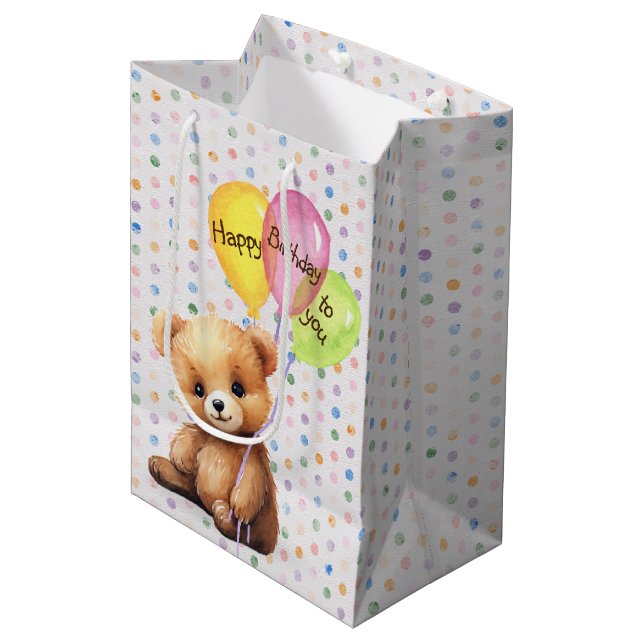 Sacola Para Presentes Média Urso de Aniversário com Balões de Festas (Frente inclinada)
