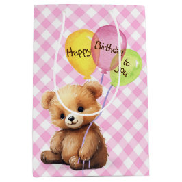 Sacola Para Presentes Média Urso de Aniversário com Balões de Festas