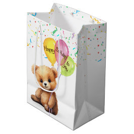 Sacola Para Presentes Média Urso de Aniversário com Balões de Festas