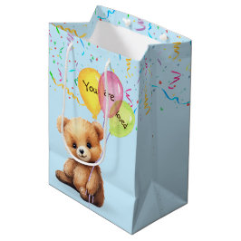 Sacola Para Presentes Média Urso de Aniversário Com Balões e Confetes