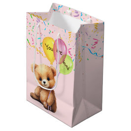 Sacola Para Presentes Média Urso de Aniversário Com Balões e Confetes