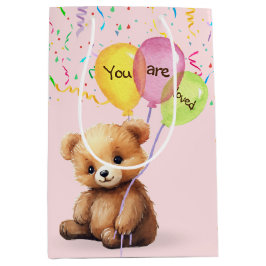 Sacola Para Presentes Média Urso de Aniversário com Balões e Confetti