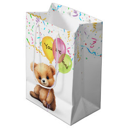 Sacola Para Presentes Média Urso de Aniversário com Balões e Confetti