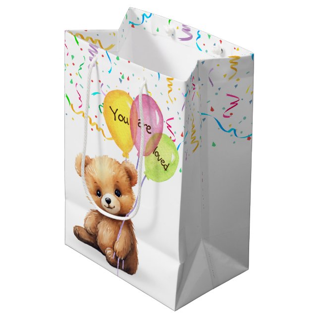 Sacola Para Presentes Média Urso de Aniversário com Balões e Confetti (Frente inclinada)