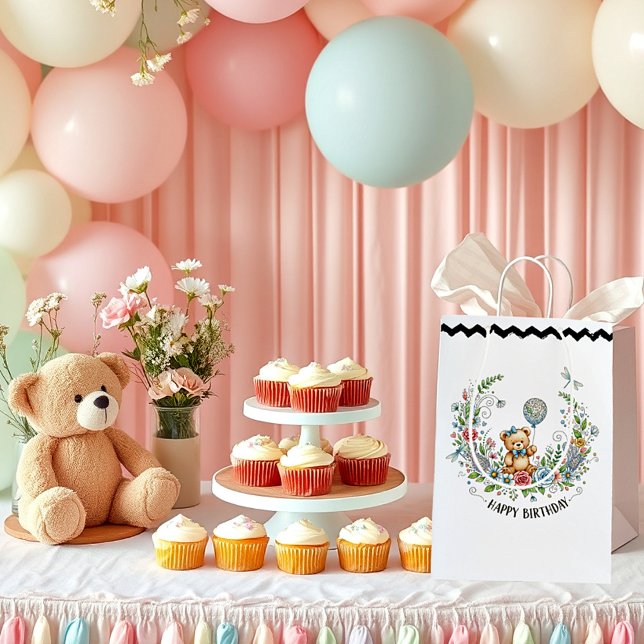 Sacola Para Presentes Média urso de aniversário floral boho (Criador carregado)