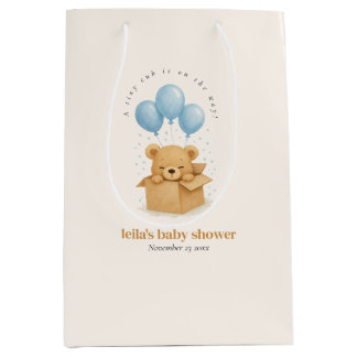 Sacola Para Presentes Média Urso de Balão Azul Aquarela Chá de Bebê
