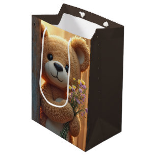 Sacola Para Presentes Média Urso de Brincadeira de Aniversário com Buquê de Fl