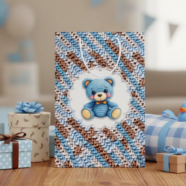 Sacola Para Presentes Média Urso de croché fofo azul e marrom (Criador carregado)