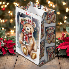 Sacola Para Presentes Média Urso de Natal com Nome