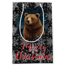 Sacola Para Presentes Média Urso de Natal retrógrado paisagem nevada