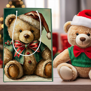 Sacola Para Presentes Média Urso de pelúcia de Natal vintage