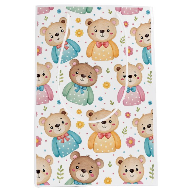 Sacola Para Presentes Média Urso de pelúcia e flores (Frente)