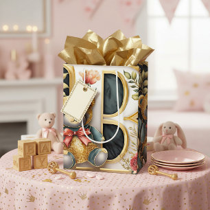 Sacola Para Presentes Média Urso de pelúcia floral letra B
