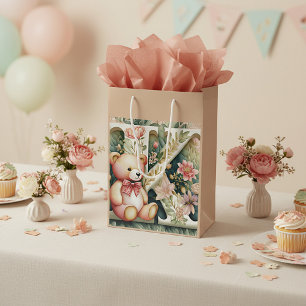 Sacola Para Presentes Média Urso de pelúcia floral letra K