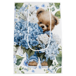 Sacola Para Presentes Média Urso de Pelúcia Segura Flores de Hortênsia