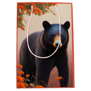 Sacola Para Presentes Média Urso Negro em flores laranja