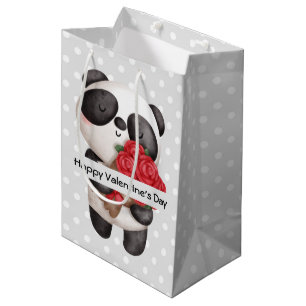 Sacola Para Presentes Média Urso Panda Bonito com Namorados Rose Bouquet
