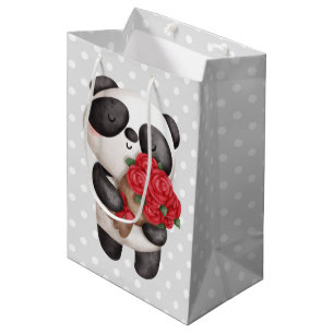 Sacola Para Presentes Média Urso Panda Bonito com Rose Bouquet