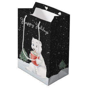 Sacola Para Presentes Média Urso Polar De Aquarela Com Cacau Quente