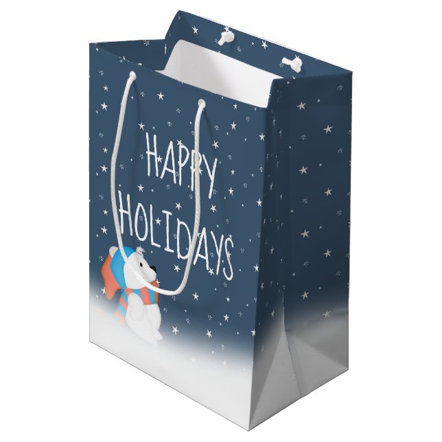 Sacola Para Presentes Média Urso Polar De Natal E Estrelas (Frente inclinada)