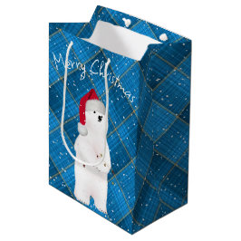 Sacola Para Presentes Média Urso Polar De Natal Na Xadrez Azul