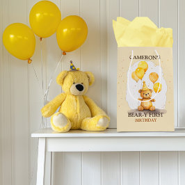 Sacola Para Presentes Média Urso Primeiro Aniversário Sexo Neutro Urso Amarelo