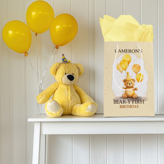 Sacola Para Presentes Média Urso Primeiro Aniversário Sexo Neutro Urso Amarelo (Criador carregado)