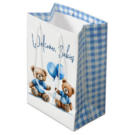 Sacola Para Presentes Média Ursos de Teddy Gêmeos Novos com Balões Azuis