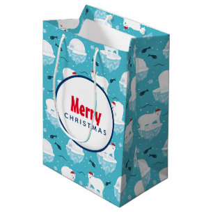 Sacola Para Presentes Média Ursos Polares Bonitos em Santa Hats, Padrão de Na