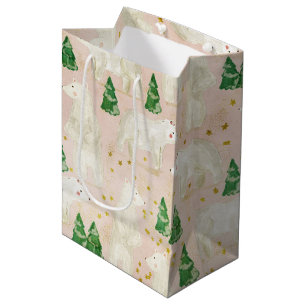 Sacola Para Presentes Média Ursos Polares de Natal Bonitos na Floresta Evergre