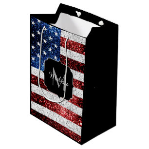 Sacola Para Presentes Média USA flag red white blue sparkles glitters Monogram