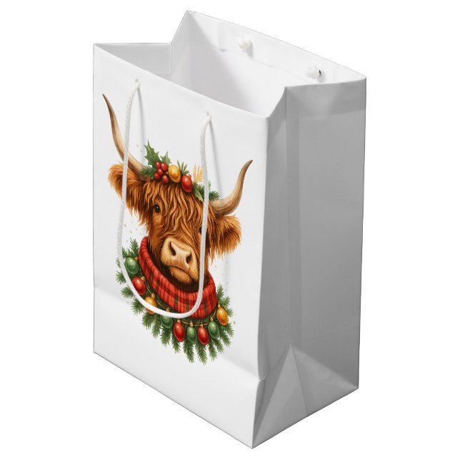Sacola Para Presentes Média Vaca das Terras Altas de Natal  (Frente inclinada)