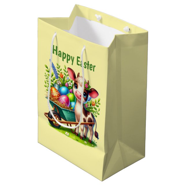 Sacola Para Presentes Média Vaca de Páscoa feliz fofa personalizável  (Frente inclinada)