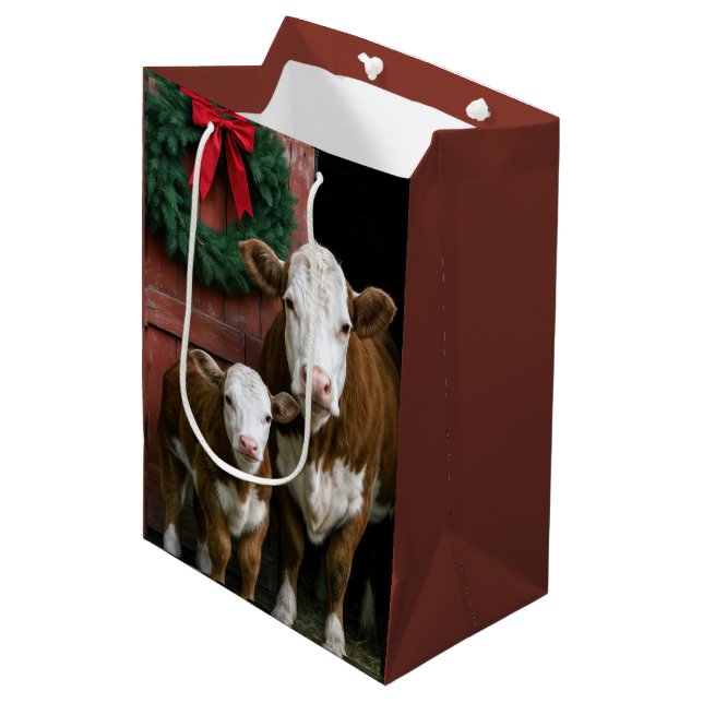 Sacola Para Presentes Média Vaca e Bezerro Hereford no Natal (Frente inclinada)