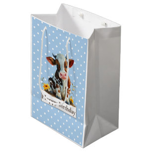 Sacola Para Presentes Média Vaca Feliz Aniversário Azul-Cachorro