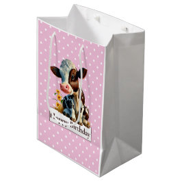 Sacola Para Presentes Média Vaca Feliz Aniversário Daisy Pink