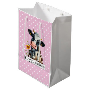Sacola Para Presentes Média Vaca Leiteira Feliz Aniversário Rosa