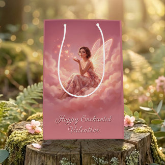 Sacola Para Presentes Média Valentine Fairy on Pink Clouds Fantasy Art